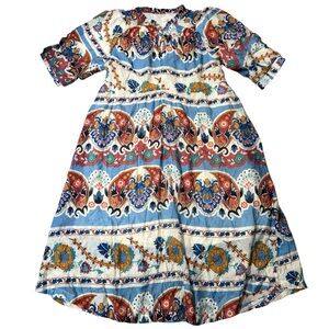 Umgee NWT Sz Large Dress Blue Mix Border Print Midi A Line Tiered Design Boho